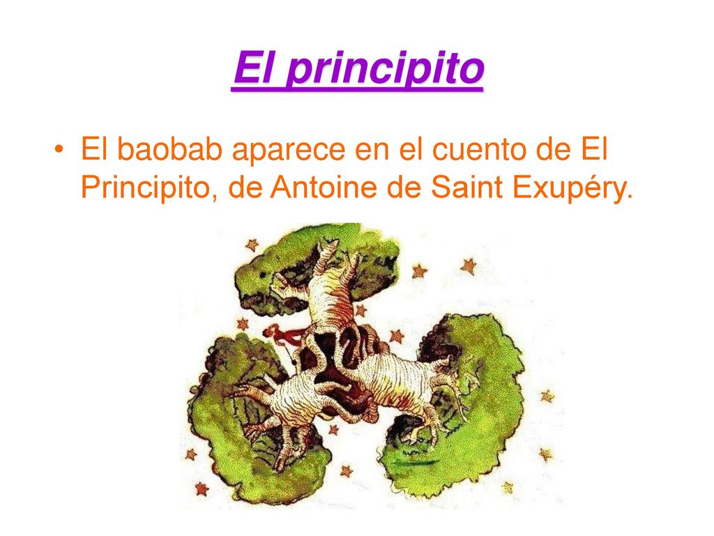 El principito El baobab aparece en el cuento de El Principito, de Antoine de Saint Exupéry.