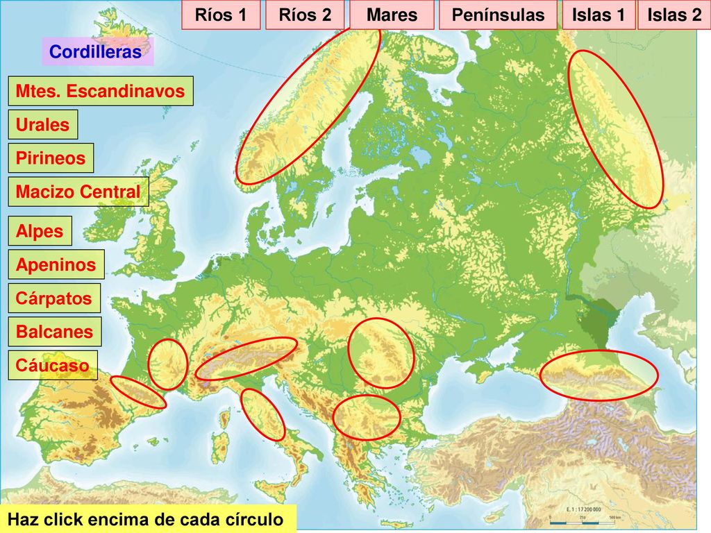Ríos 1 Ríos 2. Mares. Penínsulas. Islas 1. Islas 2. Cordilleras. Mtes. Escandinavos. Urales.