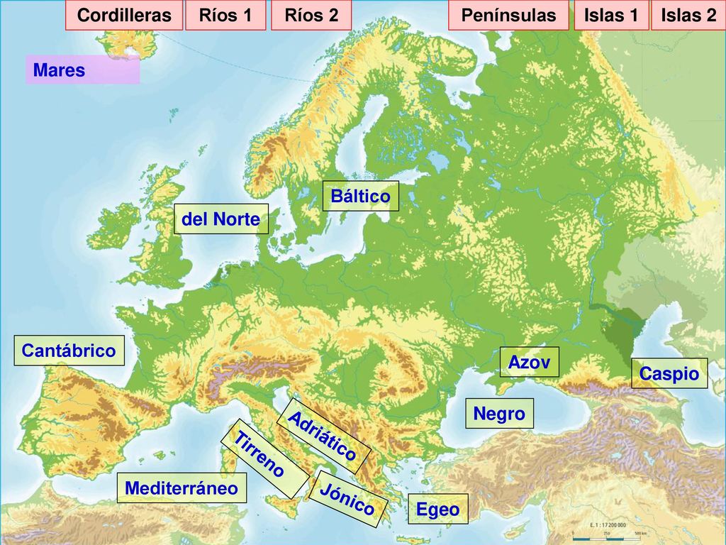 Cordilleras Ríos 1. Ríos 2. Penínsulas. Islas 1. Islas 2. Mares. Báltico. del Norte. Cantábrico.