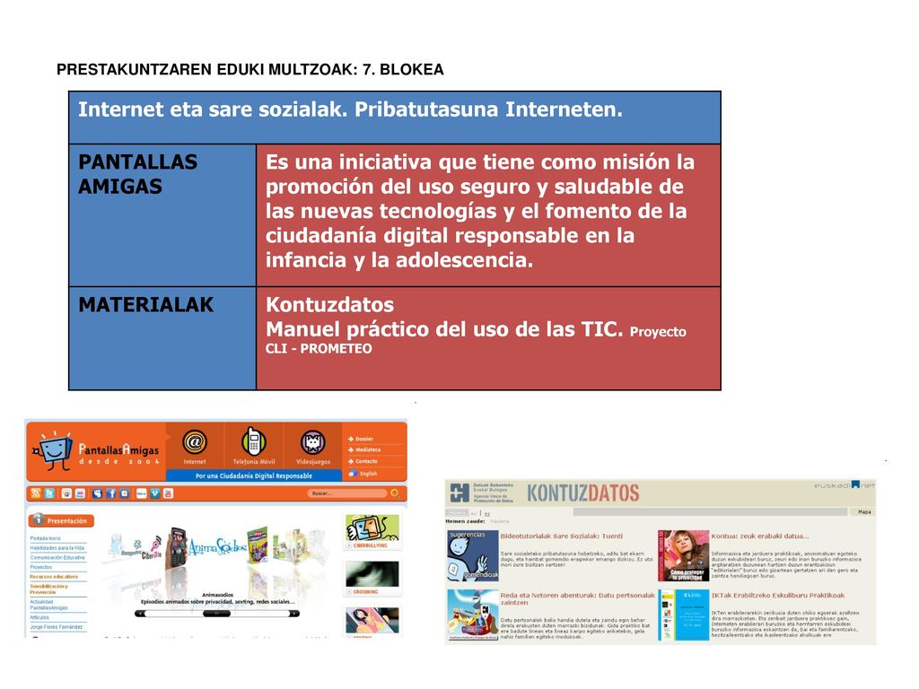 Internet eta sare sozialak. Pribatutasuna Interneten. PANTALLAS AMIGAS