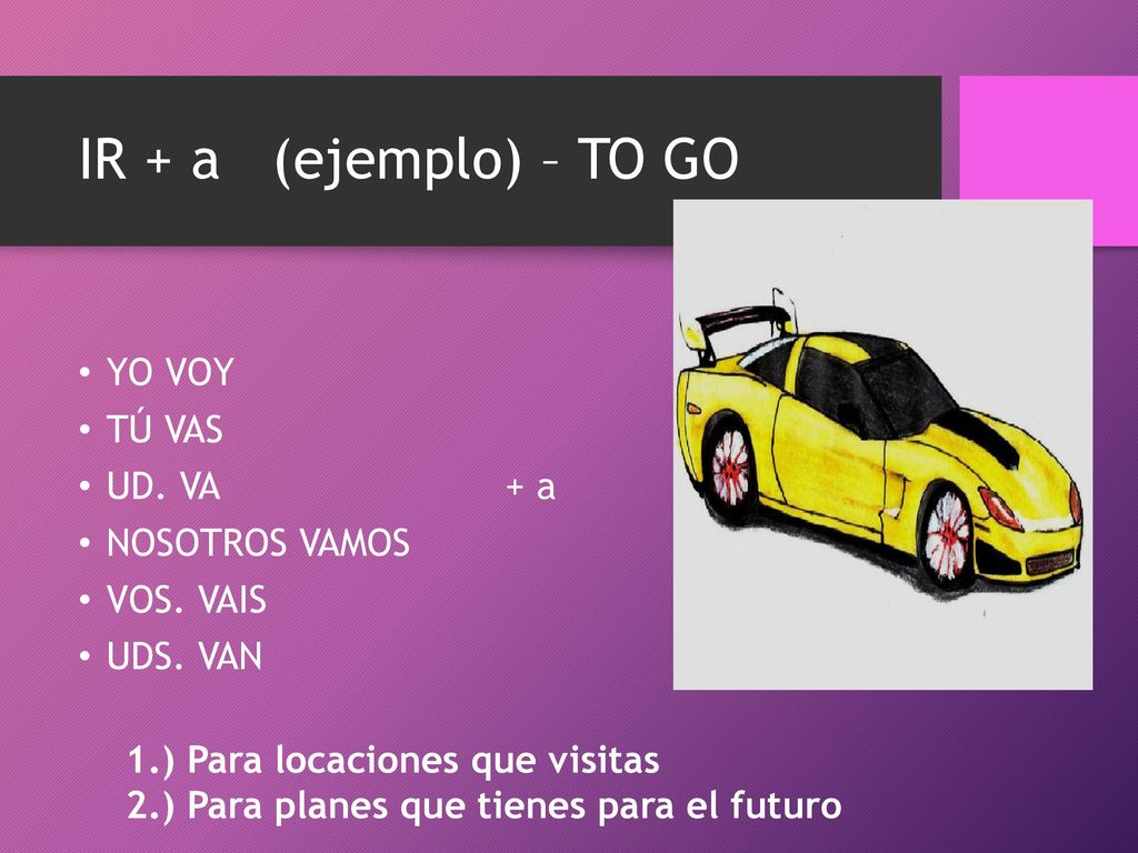 IR + a (ejemplo) – TO GO YO VOY TÚ VAS UD. VA + a NOSOTROS VAMOS