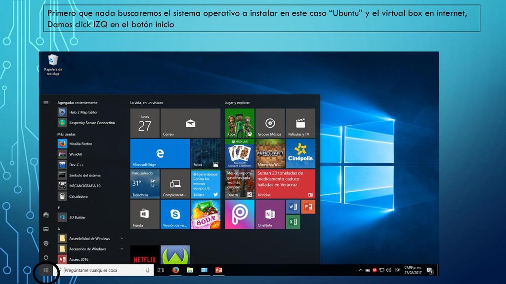 Primero que nada buscaremos el sistema operativo a instalar en este caso Ubuntu y el virtual box en internet, Damos click IZQ en el botón inicio
