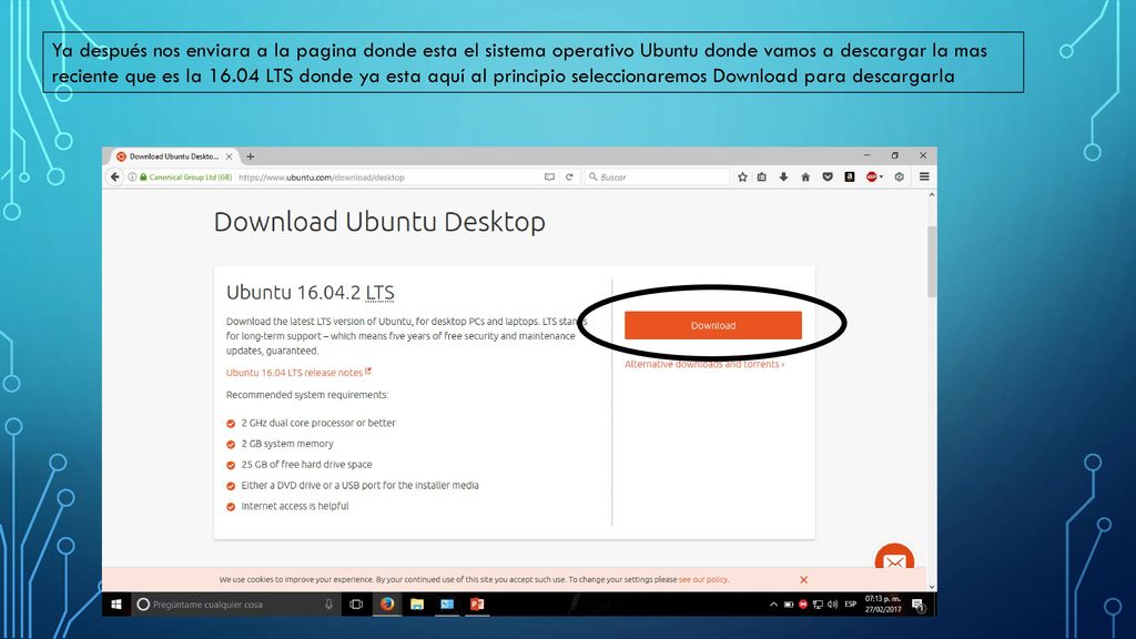 Ya después nos enviara a la pagina donde esta el sistema operativo Ubuntu donde vamos a descargar la mas reciente que es la LTS donde ya esta aquí al principio seleccionaremos Download para descargarla