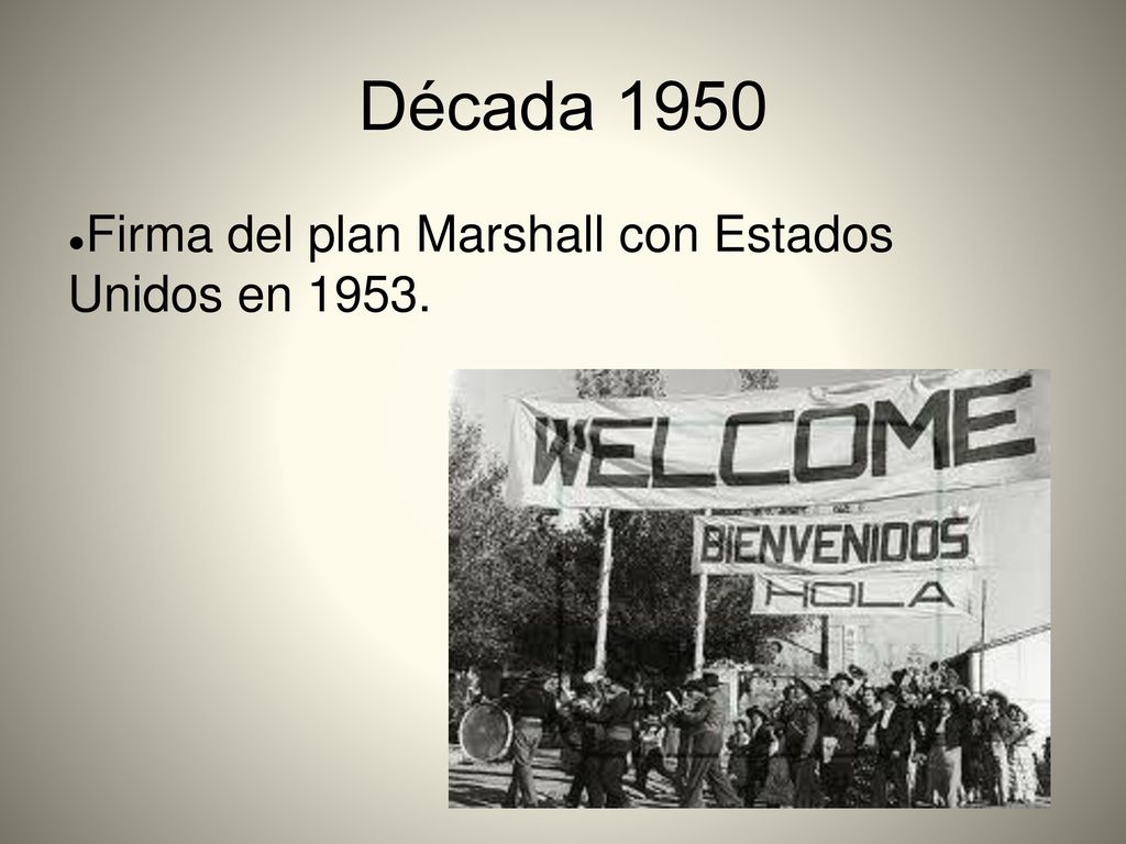 Década 1950 Firma del plan Marshall con Estados Unidos en 1953.