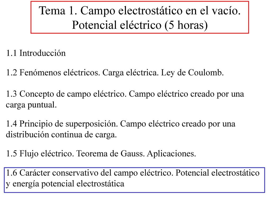 Tema 1. Campo electrostático en el vacío. Potencial eléctrico (5 horas)