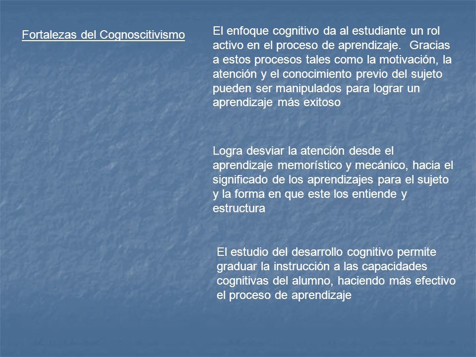 El enfoque cognitivo da al estudiante un rol activo en el proceso de aprendizaje. Gracias a estos procesos tales como la motivación, la atención y el conocimiento previo del sujeto pueden ser manipulados para lograr un aprendizaje más exitoso
