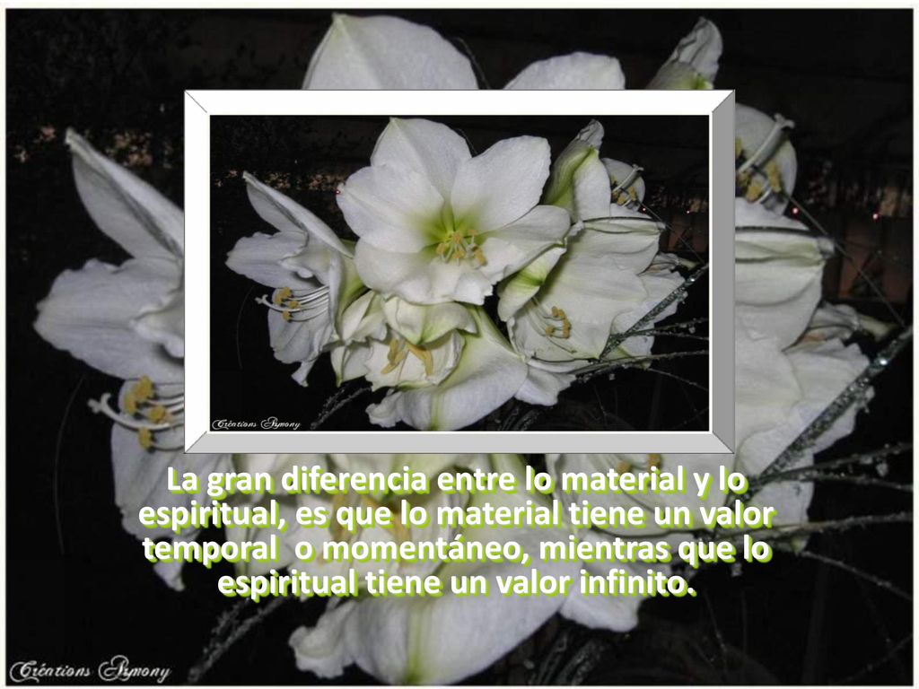 La gran diferencia entre lo material y lo espiritual, es que lo material tiene un valor temporal o momentáneo, mientras que lo espiritual tiene un valor infinito.