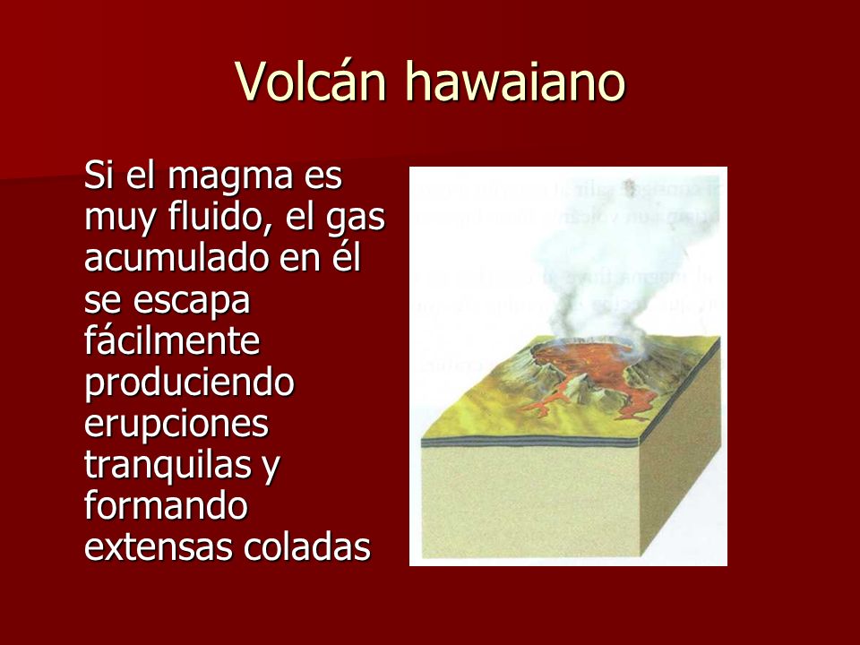 Volcán hawaiano Si el magma es muy fluido, el gas acumulado en él se escapa fácilmente produciendo erupciones tranquilas y formando extensas coladas.