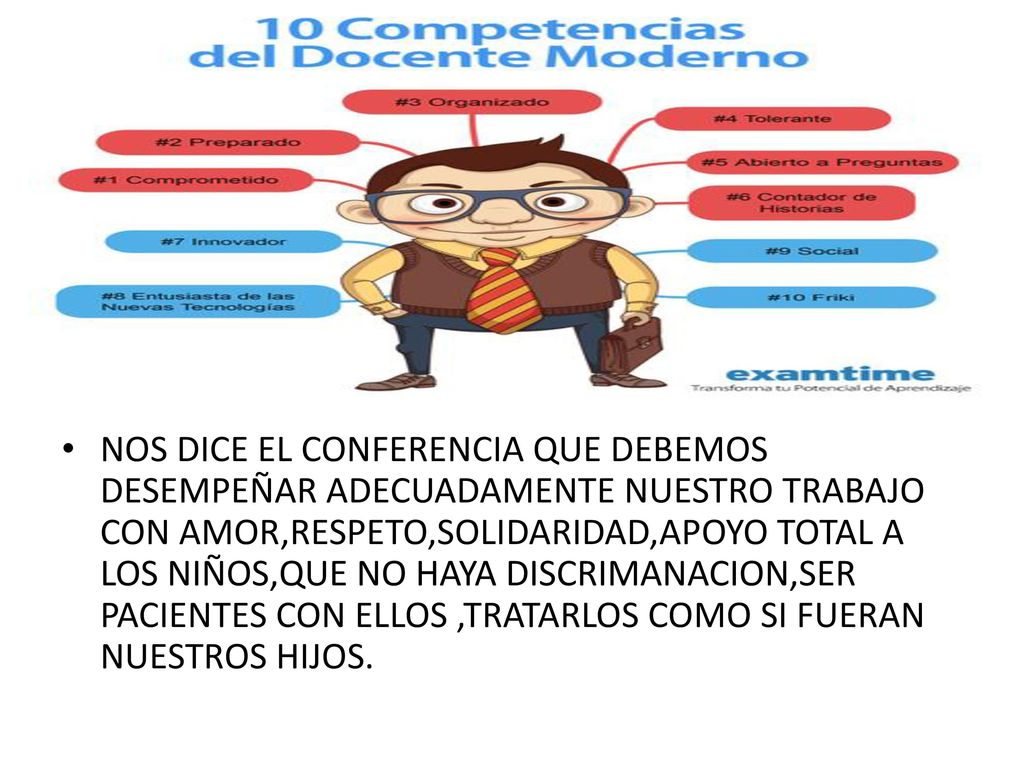 NOS DICE EL CONFERENCIA QUE DEBEMOS DESEMPEÑAR ADECUADAMENTE NUESTRO TRABAJO CON AMOR,RESPETO,SOLIDARIDAD,APOYO TOTAL A LOS NIÑOS,QUE NO HAYA DISCRIMANACION,SER PACIENTES CON ELLOS ,TRATARLOS COMO SI FUERAN NUESTROS HIJOS.