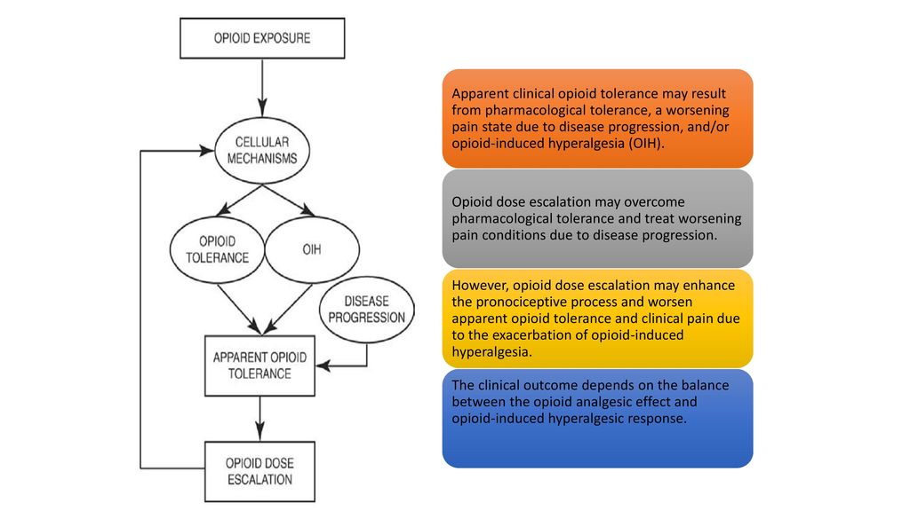 Apparent clinical opioid tolerance may result from pharmacological tolerance, a worsening pain state due to disease progression, and/or opioid-induced hyperalgesia (OIH).