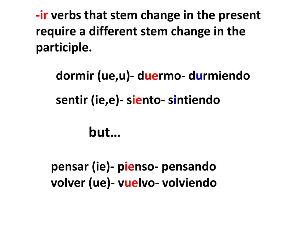 -ir verbs that stem change in the present require a different stem change in the participle.