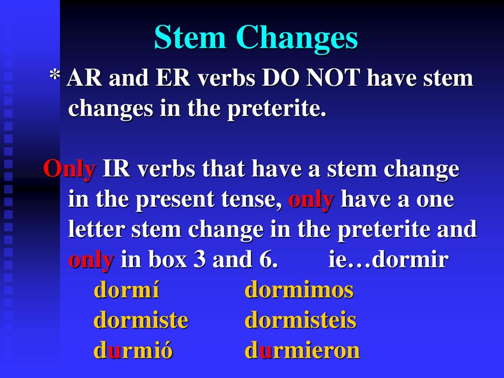 Stem Changes * AR and ER verbs DO NOT have stem changes in the preterite.