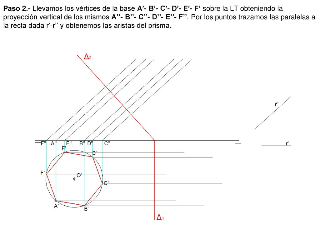 Paso 2.- Llevamos los vértices de la base A’- B’- C’- D’- E’- F’ sobre la LT obteniendo la proyección vertical de los mismos A’’- B’’- C’’- D’’- E’’- F’’.