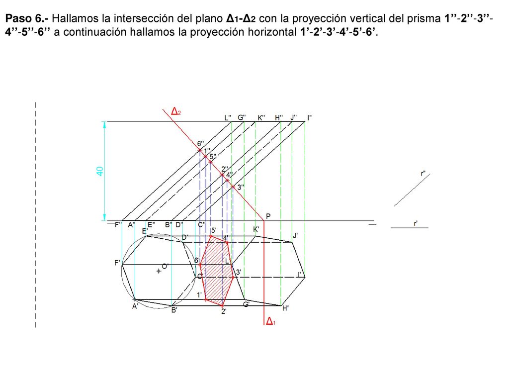 Paso 6.- Hallamos la intersección del plano Δ1-Δ2 con la proyección vertical del prisma 1’’-2’’-3’’-4’’-5’’-6’’ a continuación hallamos la proyección horizontal 1’-2’-3’-4’-5’-6’.