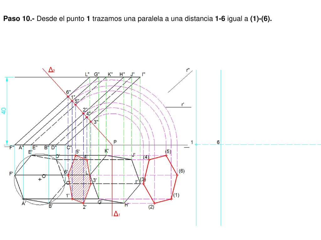 Paso 10.- Desde el punto 1 trazamos una paralela a una distancia 1-6 igual a (1)-(6).