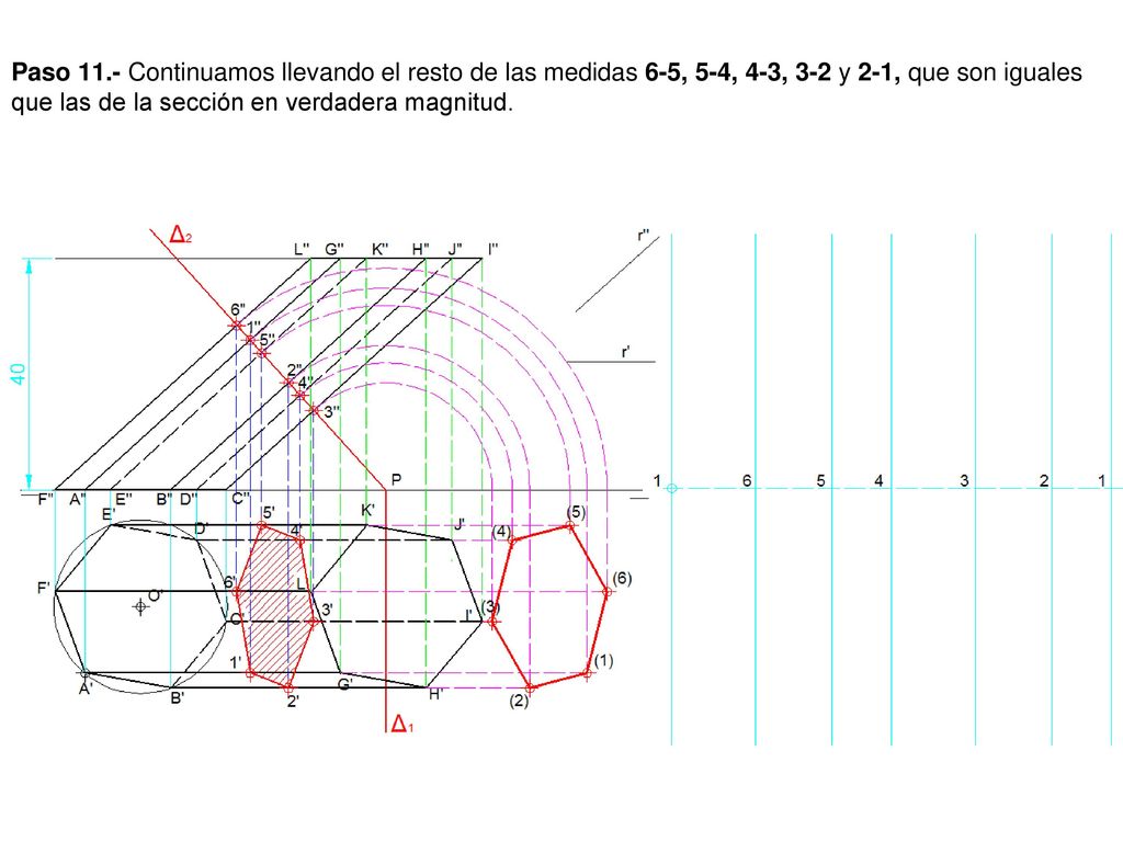 Paso 11.- Continuamos llevando el resto de las medidas 6-5, 5-4, 4-3, 3-2 y 2-1, que son iguales que las de la sección en verdadera magnitud.
