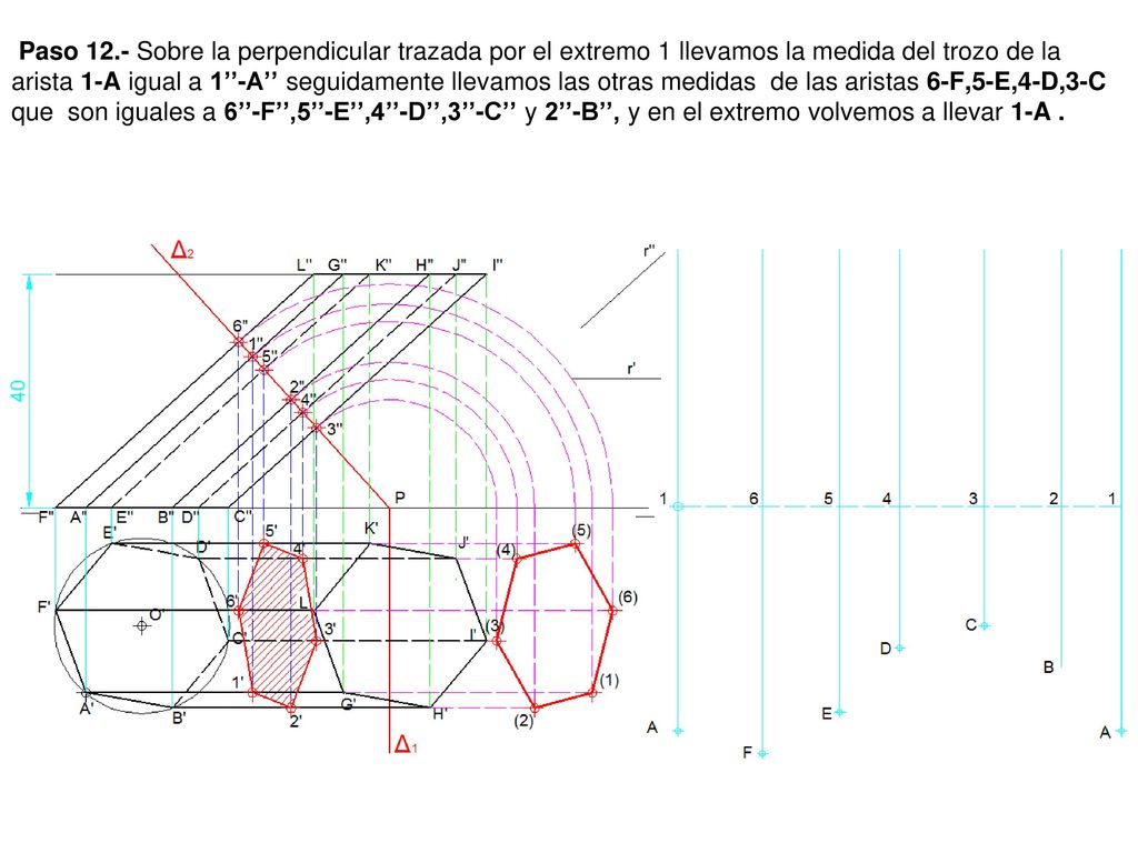 Paso 12.- Sobre la perpendicular trazada por el extremo 1 llevamos la medida del trozo de la arista 1-A igual a 1’’-A’’ seguidamente llevamos las otras medidas de las aristas 6-F,5-E,4-D,3-C que son iguales a 6’’-F’’,5’’-E’’,4’’-D’’,3’’-C’’ y 2’’-B’’, y en el extremo volvemos a llevar 1-A .