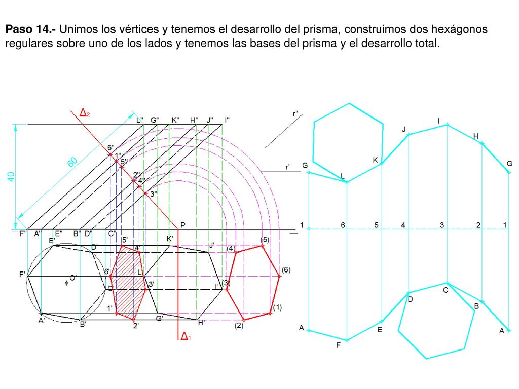 Paso 14.- Unimos los vértices y tenemos el desarrollo del prisma, construimos dos hexágonos regulares sobre uno de los lados y tenemos las bases del prisma y el desarrollo total.