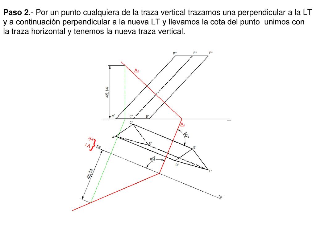 Paso 2.- Por un punto cualquiera de la traza vertical trazamos una perpendicular a la LT y a continuación perpendicular a la nueva LT y llevamos la cota del punto unimos con la traza horizontal y tenemos la nueva traza vertical.