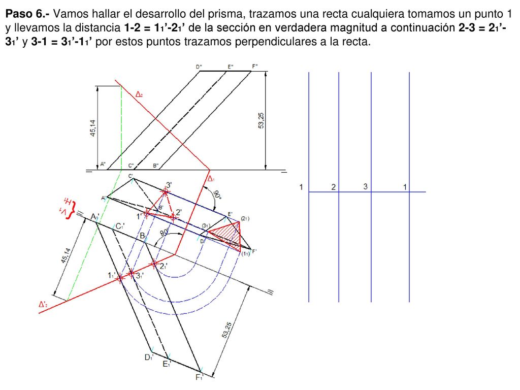 Paso 6.- Vamos hallar el desarrollo del prisma, trazamos una recta cualquiera tomamos un punto 1 y llevamos la distancia 1-2 = 11’-21’ de la sección en verdadera magnitud a continuación 2-3 = 21’-31’ y 3-1 = 31’-11’ por estos puntos trazamos perpendiculares a la recta.