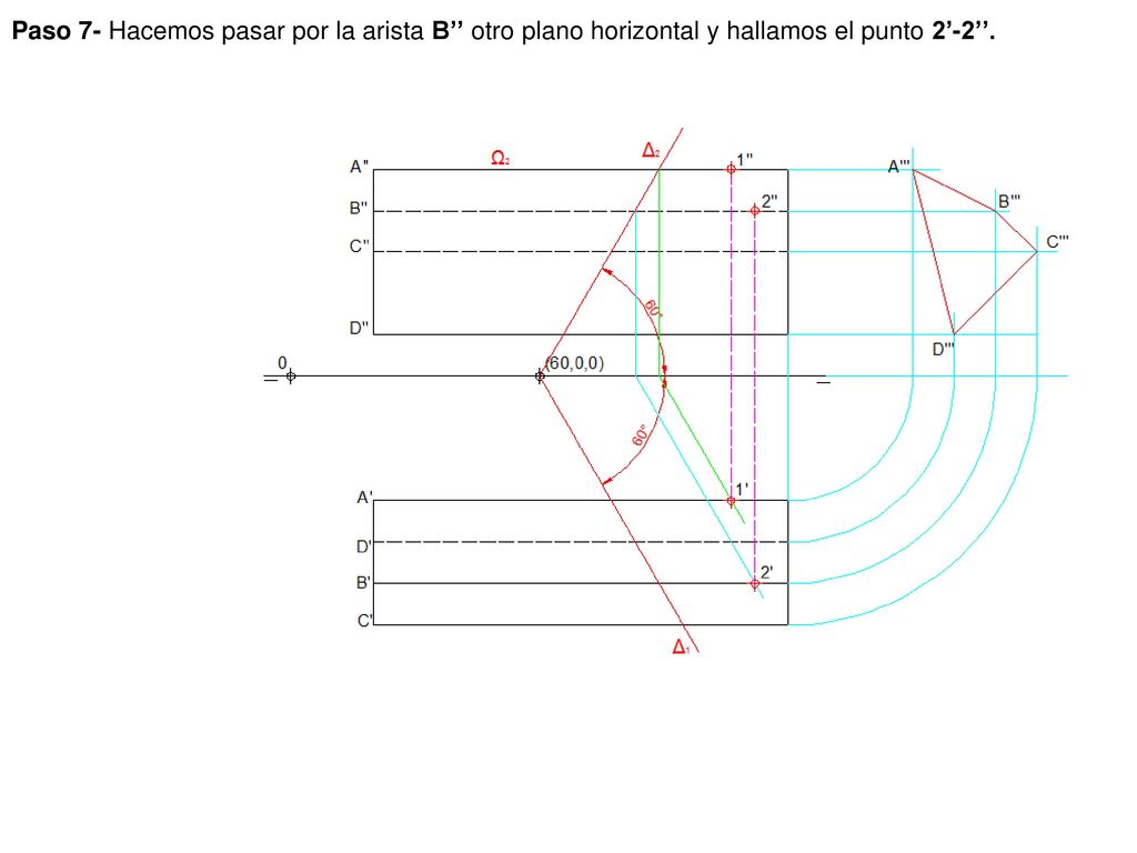 Paso 7- Hacemos pasar por la arista B’’ otro plano horizontal y hallamos el punto 2’-2’’.