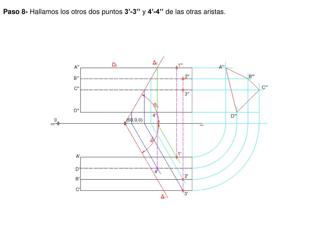 Paso 8- Hallamos los otros dos puntos 3’-3’’ y 4’-4’’ de las otras aristas.