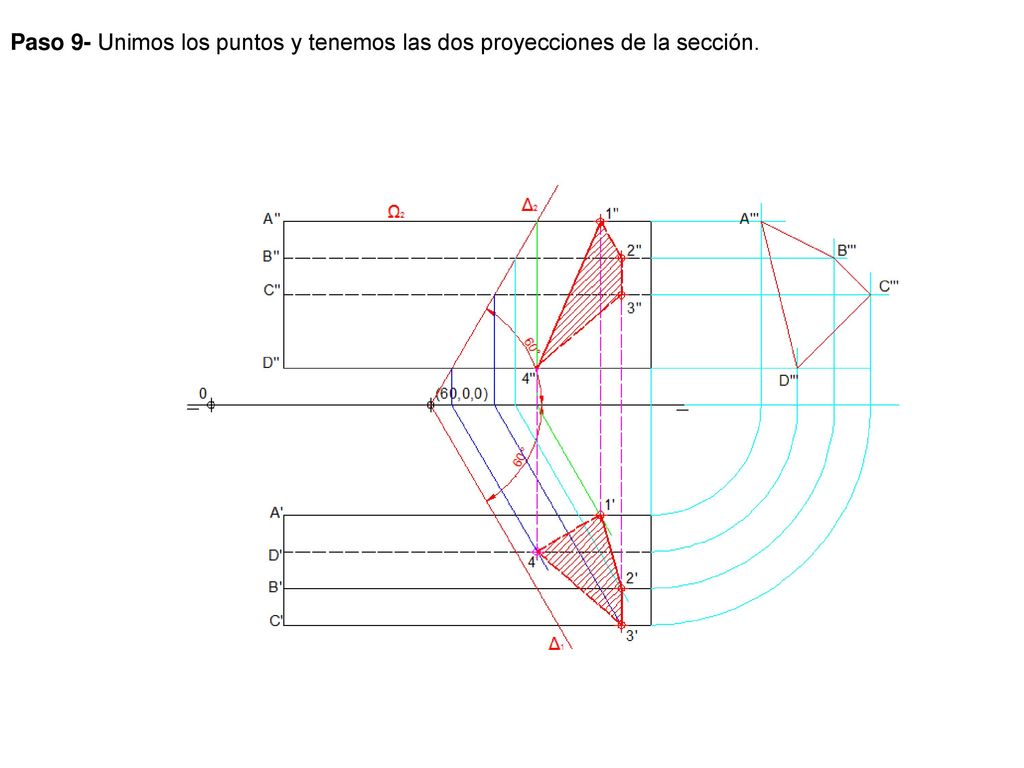 Paso 9- Unimos los puntos y tenemos las dos proyecciones de la sección.
