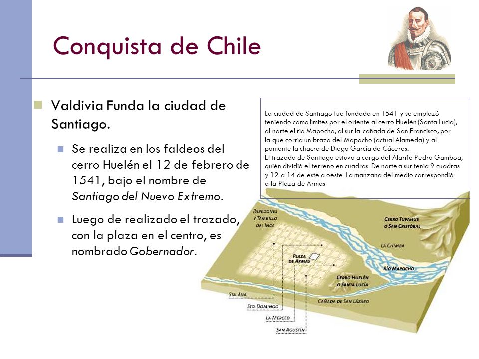 Conquista de Chile Valdivia Funda la ciudad de Santiago.