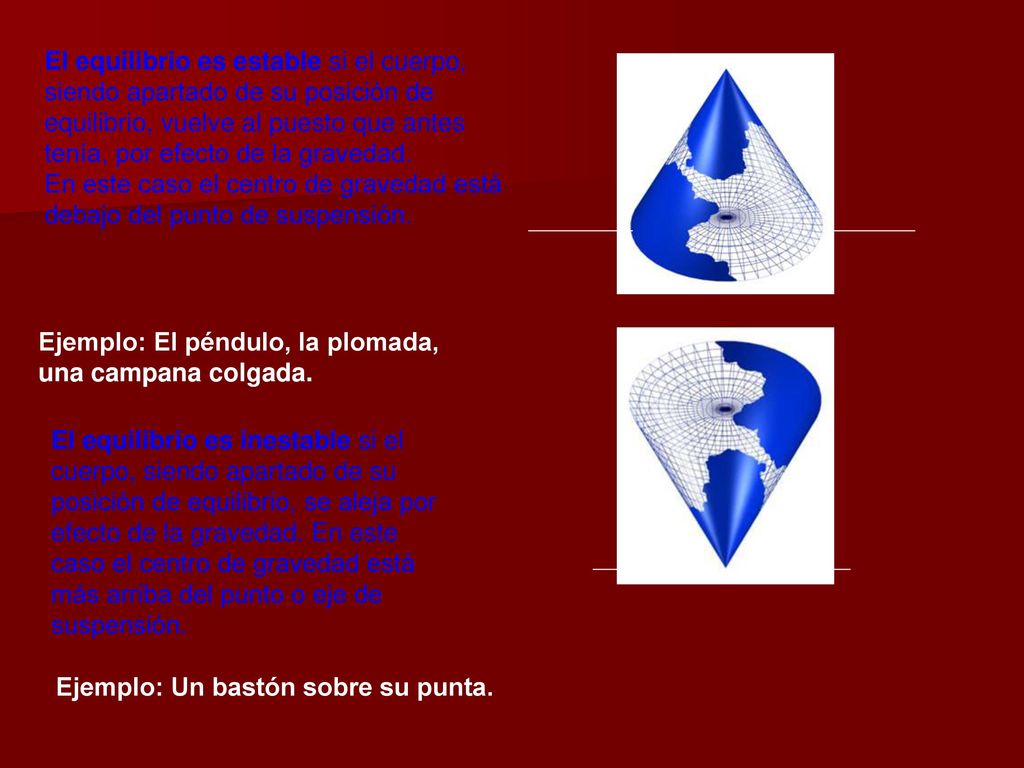 El equilibrio es estable si el cuerpo, siendo apartado de su posición de equilibrio, vuelve al puesto que antes tenía, por efecto de la gravedad.