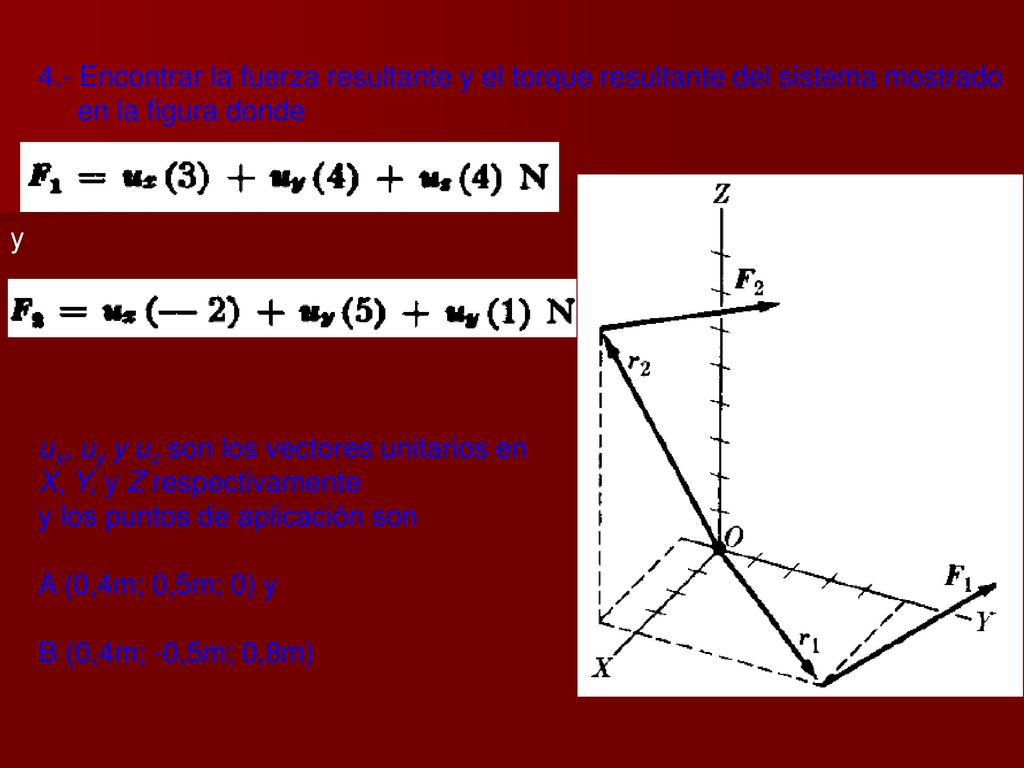 4.- Encontrar la fuerza resultante y el torque resultante del sistema mostrado