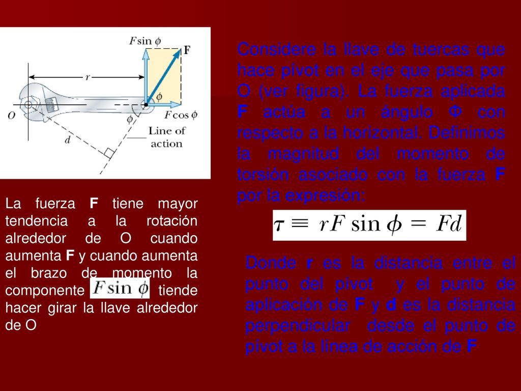Considere la llave de tuercas que hace pívot en el eje que pasa por O (ver figura). La fuerza aplicada F actúa a un ángulo Φ con respecto a la horizontal. Definimos la magnitud del momento de torsión asociado con la fuerza F por la expresión: