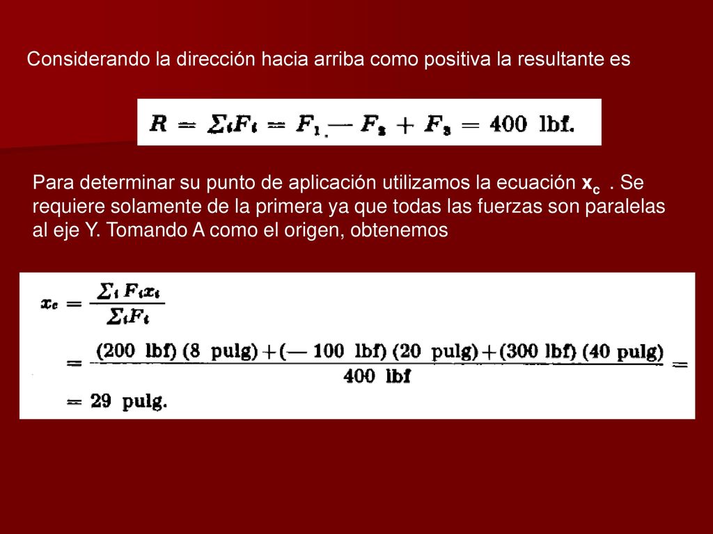 Considerando la dirección hacia arriba como positiva la resultante es
