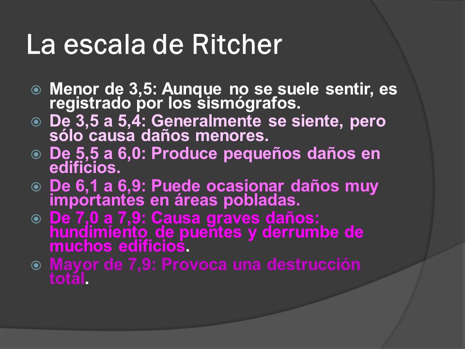 La escala de Ritcher Menor de 3,5: Aunque no se suele sentir, es registrado por los sismógrafos.