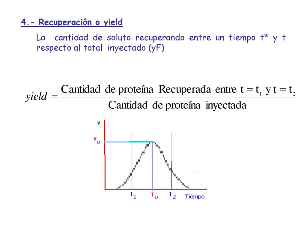 4.- Recuperación o yield La cantidad de soluto recuperando entre un tiempo t* y t respecto al total inyectado (yF)