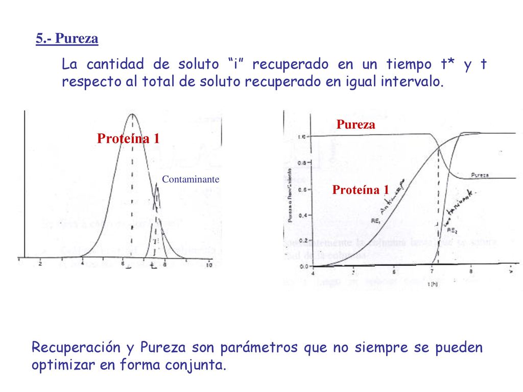 5.- Pureza La cantidad de soluto i recuperado en un tiempo t* y t respecto al total de soluto recuperado en igual intervalo.