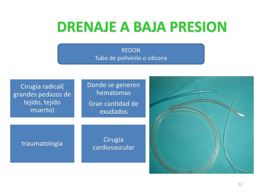 DRENAJE A BAJA PRESION REDON. Tubo de polivinilo o silicona. Cirugía radical( grandes pedazos de tejido, tejido muerto)