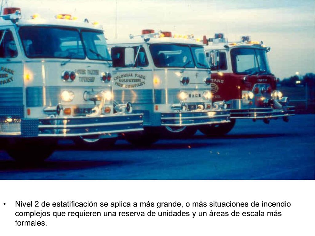 Nivel 2 de estatificación se aplica a más grande, o más situaciones de incendio complejos que requieren una reserva de unidades y un áreas de escala más formales.