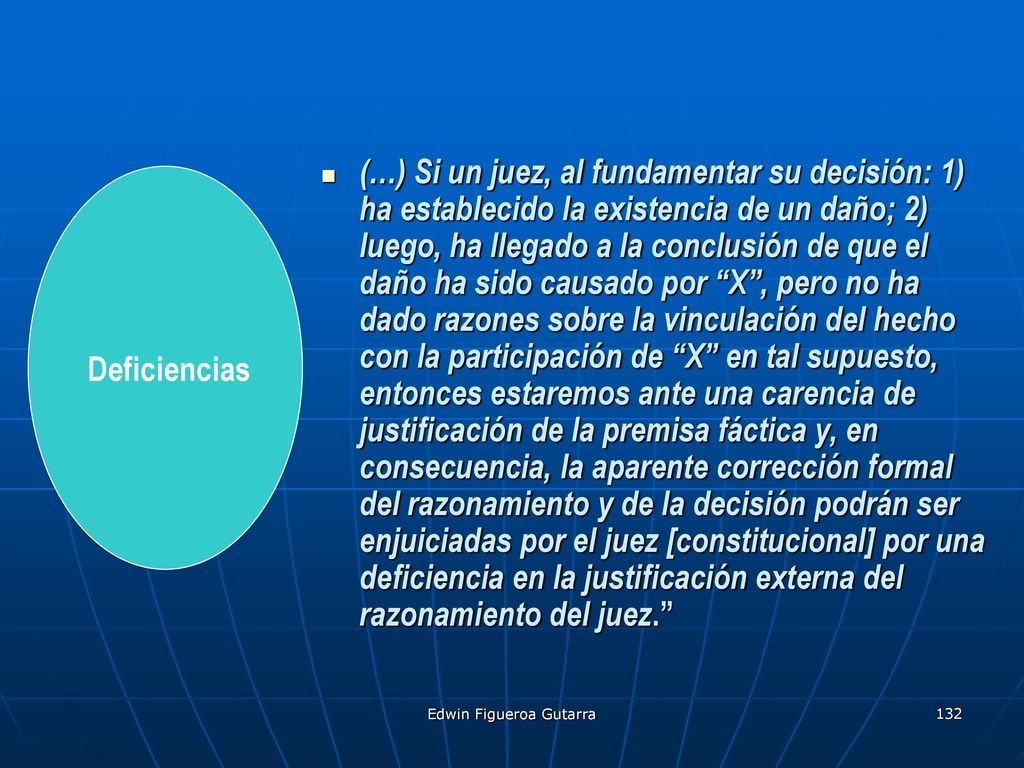 (…) Si un juez, al fundamentar su decisión: 1) ha establecido la existencia de un daño; 2) luego, ha llegado a la conclusión de que el daño ha sido causado por X , pero no ha dado razones sobre la vinculación del hecho con la participación de X en tal supuesto, entonces estaremos ante una carencia de justificación de la premisa fáctica y, en consecuencia, la aparente corrección formal del razonamiento y de la decisión podrán ser enjuiciadas por el juez [constitucional] por una deficiencia en la justificación externa del razonamiento del juez.