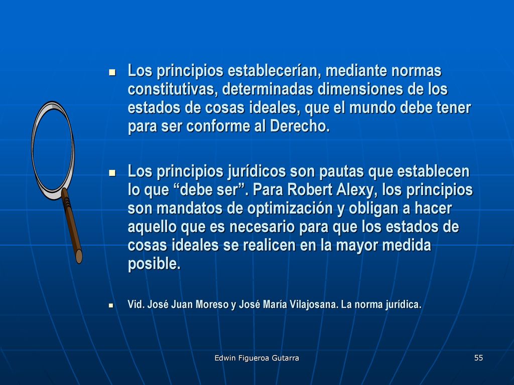 Los principios establecerían, mediante normas constitutivas, determinadas dimensiones de los estados de cosas ideales, que el mundo debe tener para ser conforme al Derecho.