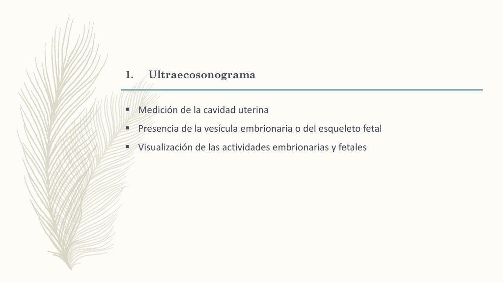 Ultraecosonograma Medición de la cavidad uterina. Presencia de la vesícula embrionaria o del esqueleto fetal.