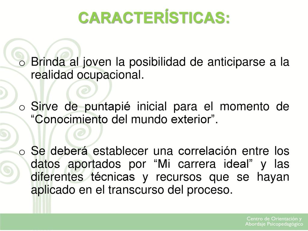CARACTERÍSTICAS: Brinda al joven la posibilidad de anticiparse a la realidad ocupacional.