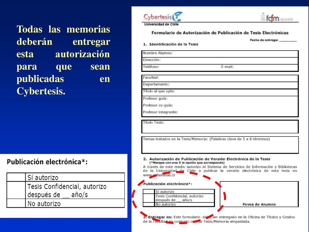Todas las memorias deberán entregar esta autorización para que sean publicadas en Cybertesis.