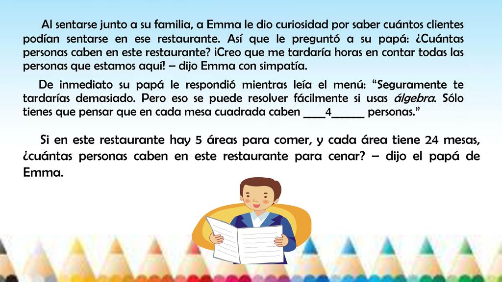 Al sentarse junto a su familia, a Emma le dio curiosidad por saber cuántos clientes podían sentarse en ese restaurante. Así que le preguntó a su papá: ¿Cuántas personas caben en este restaurante ¡Creo que me tardaría horas en contar todas las personas que estamos aquí! – dijo Emma con simpatía.