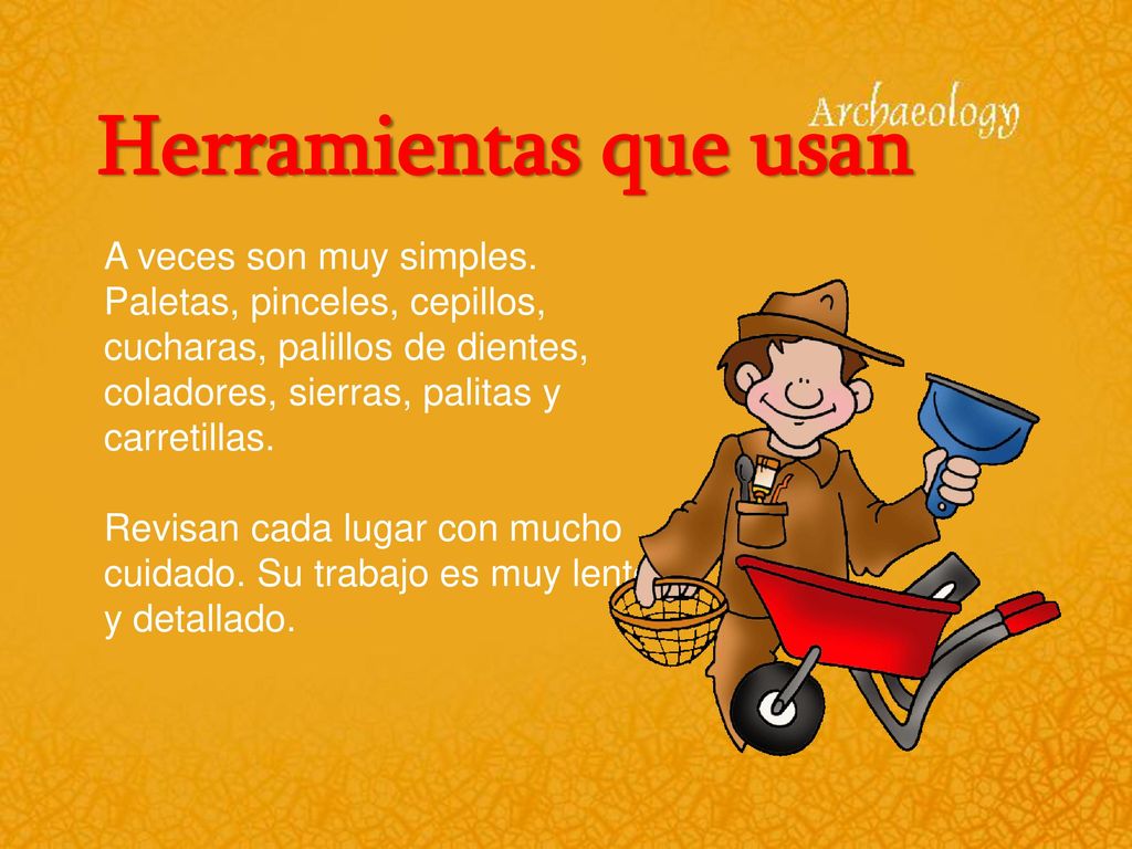 Herramientas que usan A veces son muy simples. Paletas, pinceles, cepillos, cucharas, palillos de dientes, coladores, sierras, palitas y carretillas.