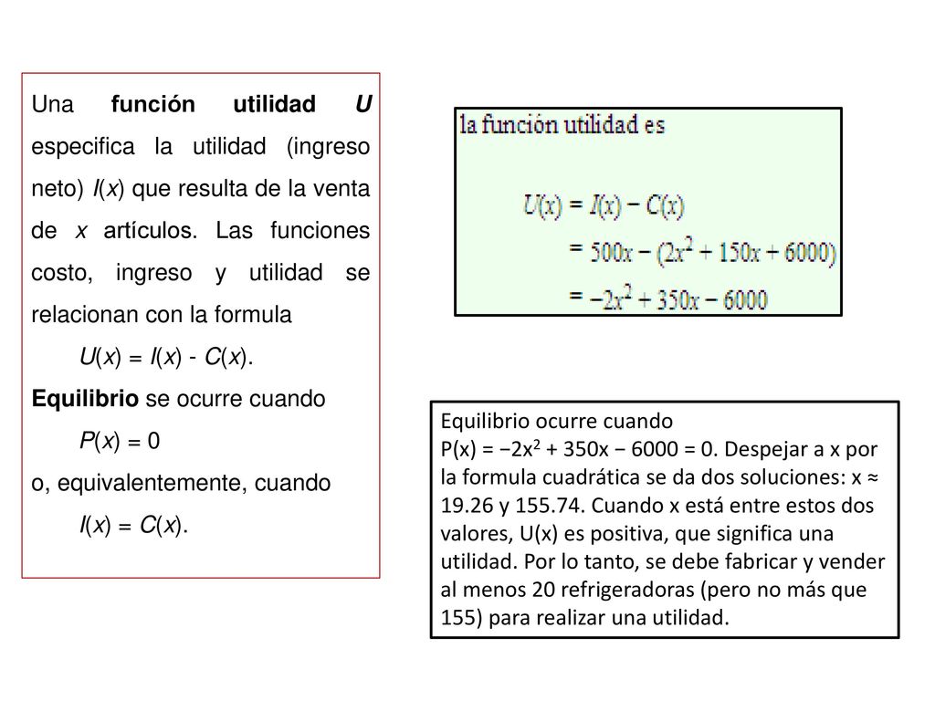 Una función utilidad U especifica la utilidad (ingreso neto) I(x) que resulta de la venta de x artículos. Las funciones costo, ingreso y utilidad se relacionan con la formula