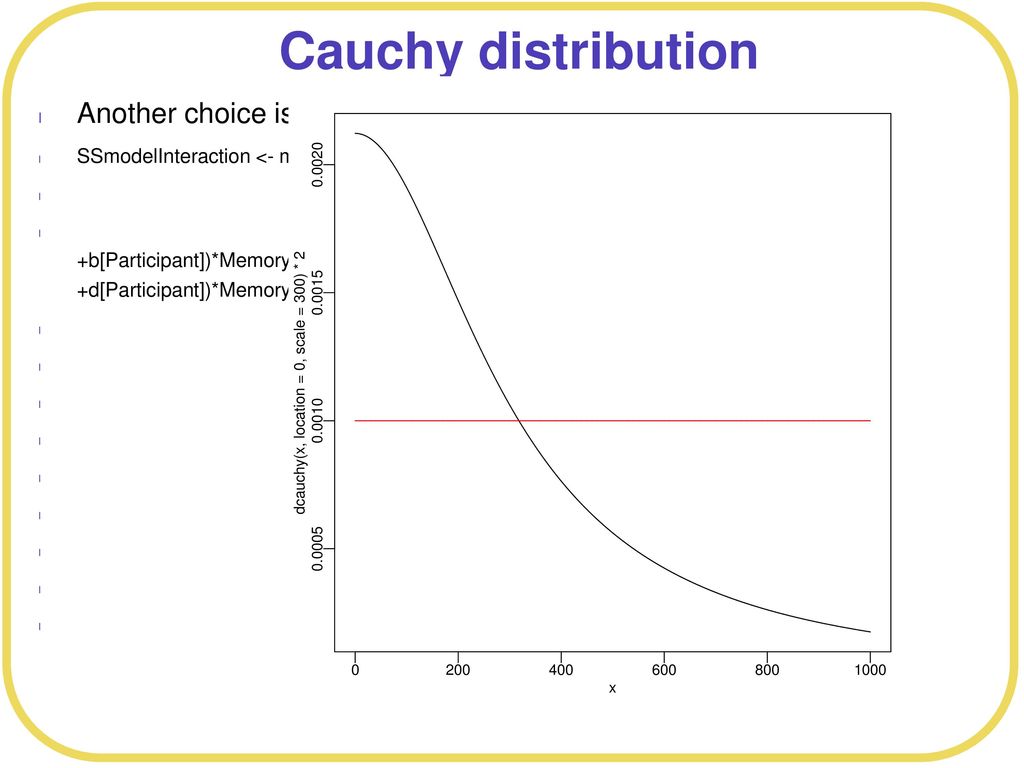 Cauchy distribution Another choice is a half-Cauchy distribution (big tails) SSmodelInteraction <- map2stan(