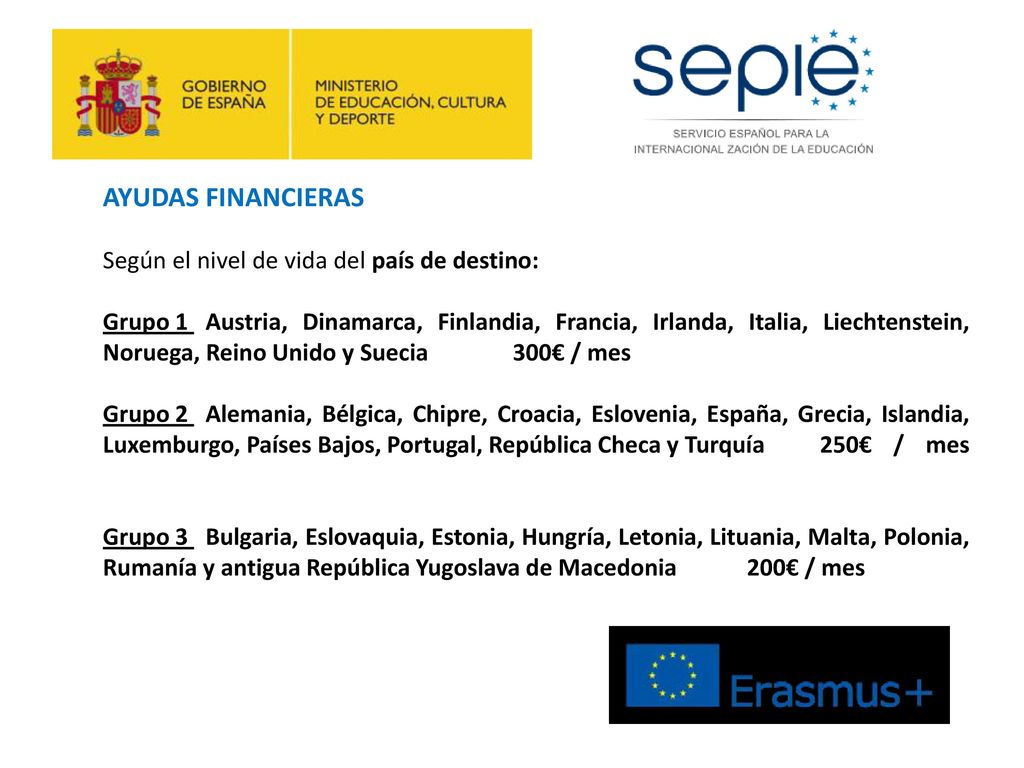 AYUDAS FINANCIERAS Según el nivel de vida del país de destino: