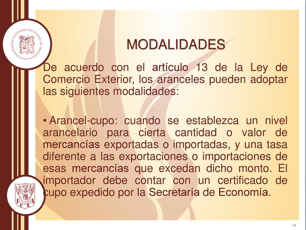 MODALIDADES De acuerdo con el artículo 13 de la Ley de Comercio Exterior, los aranceles pueden adoptar las siguientes modalidades: