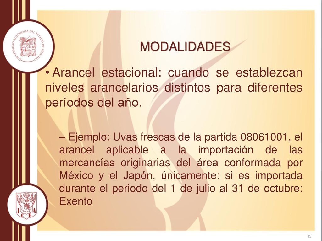 MODALIDADES Arancel estacional: cuando se establezcan niveles arancelarios distintos para diferentes períodos del año.