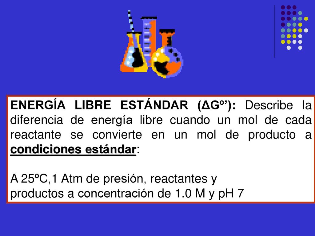 ENERGÍA LIBRE ESTÁNDAR (ΔGº’): Describe la diferencia de energía libre cuando un mol de cada reactante se convierte en un mol de producto a condiciones estándar: